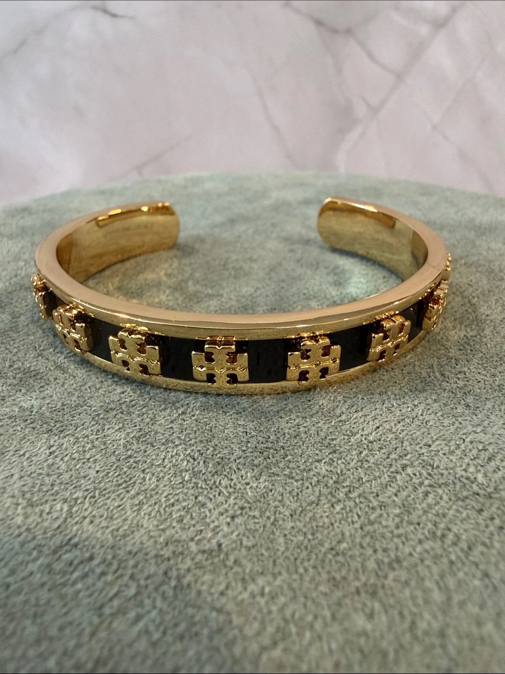 Tory Burch | Gold Plated Cuff Bracelet with Black Enamel Inlay | Small/Med